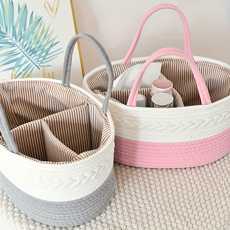 [1 Pack] Large Rope Storage Basket, 36.07X23.11X17.02cm Woven Storage Caddy with Removable Dividers, Multi-Functional Organizer Bin for Home Sundries, Available in Pink/Gray/Beige/Coffee White