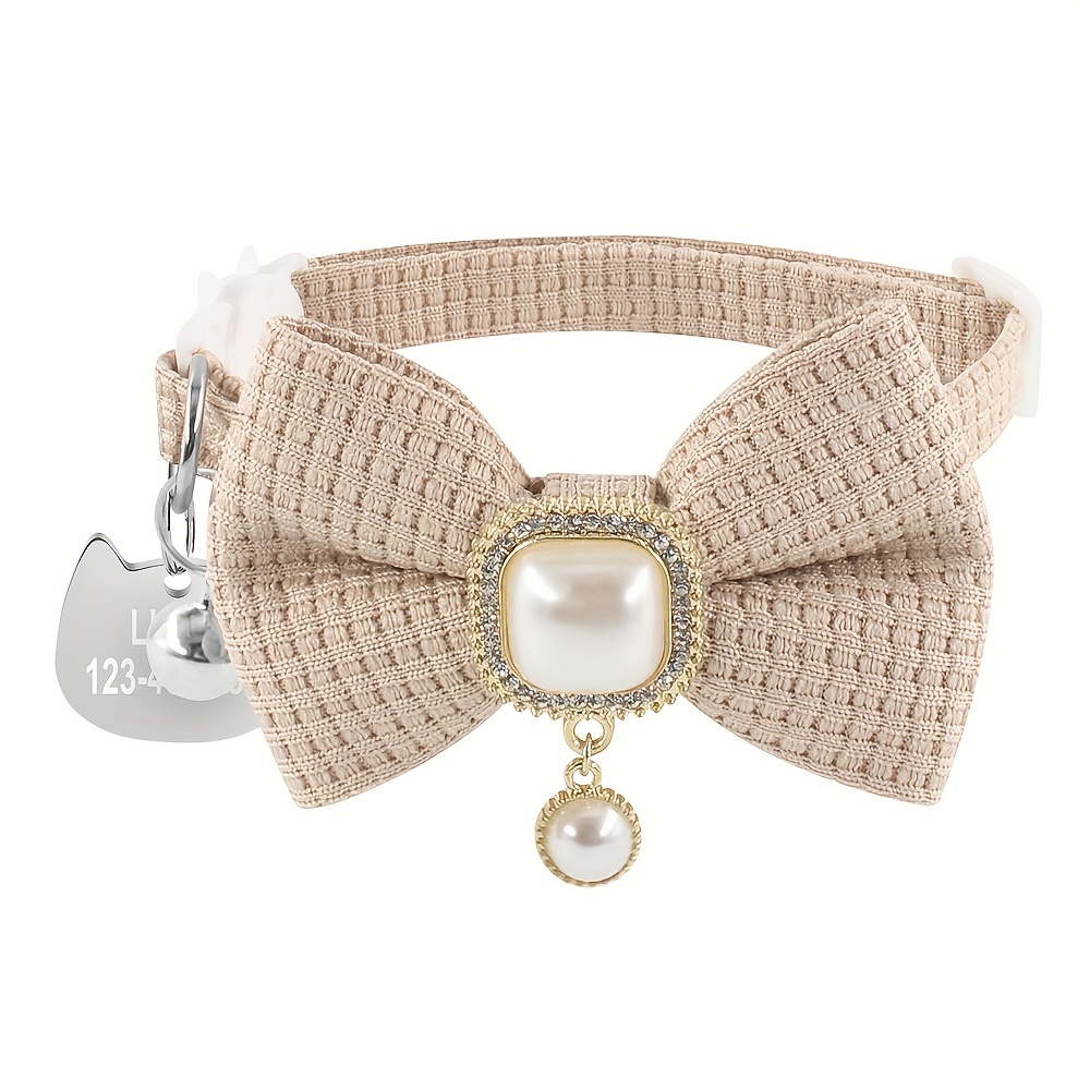 TEMU [customized] Personalized Bow Pearl Pendant Cat Collar, With Tags, Customized Cat Name And Phone Number To Prevent , Without Battery
