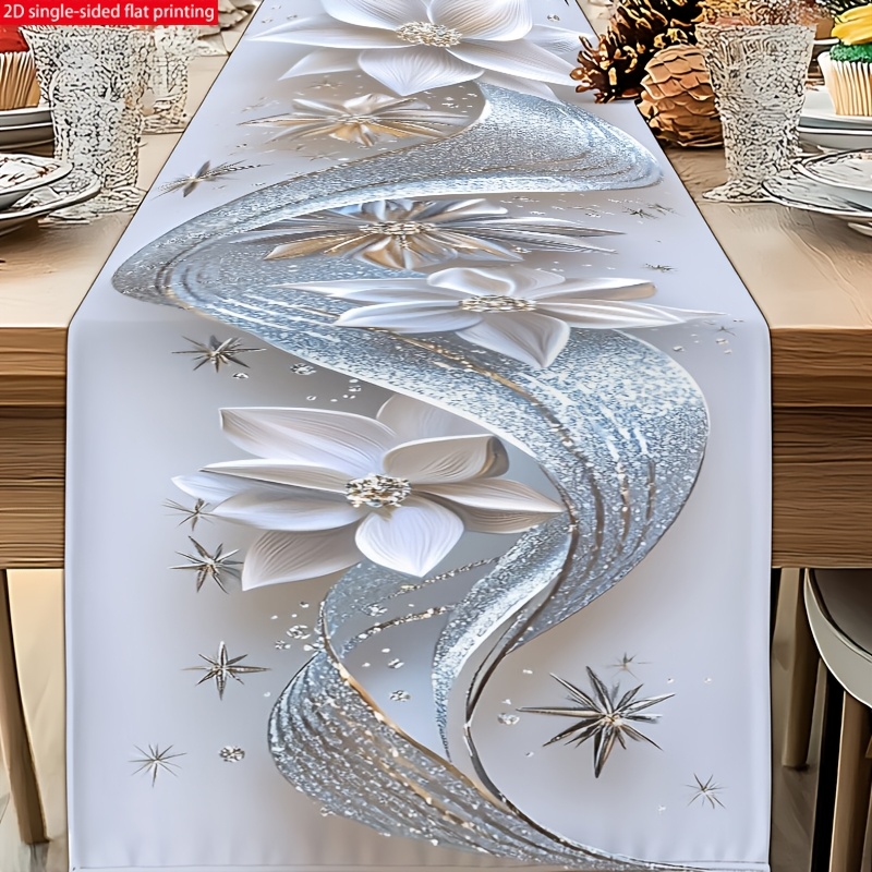 1pc Table Runner, Christmas & New Year Festive Theme, 2d Flat Printed Design, Simulated-glitter Silvery-white Flowers With Flowing Silvery Ripple & Star Elements, Table Decor, 100%