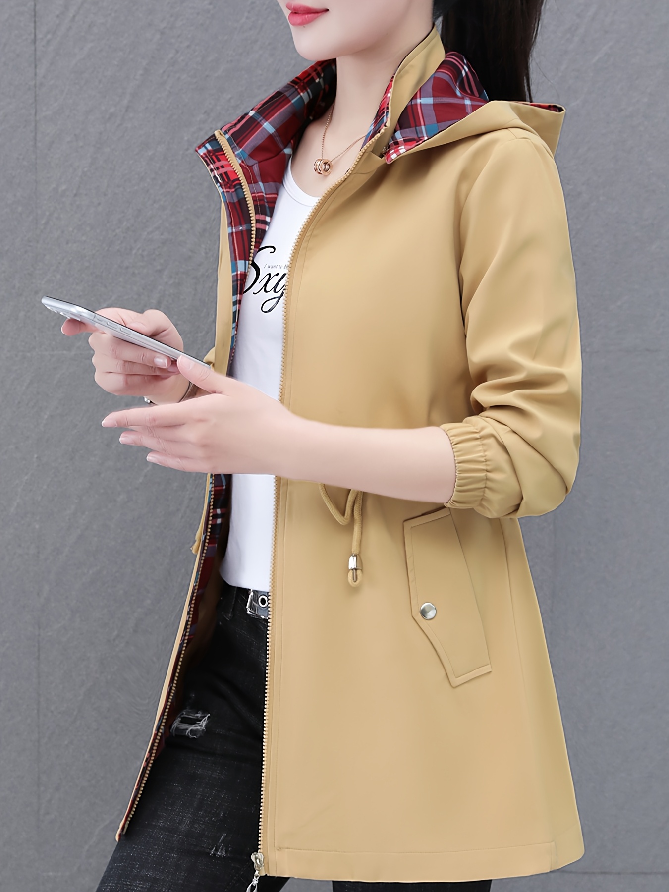 Chaqueta elegante con capucha para mujer - Abrigo largo con cierre de cremallera, tela sin estirar para clima de transición primavera/otoño, ropa casual para oficina, eventos formales y uso diario - Abrigo lavable a mano fácil de cuidar, accesorio de moda coordinado, diseño de mangas estructuradas, silueta clásica, construcción de calidad, atuendo de oficina