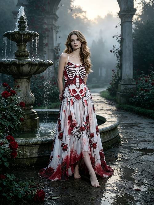 women skeleton rose cami maxi dress deep v neck floral decor blood stain print halloween gothic spooky long dress for women