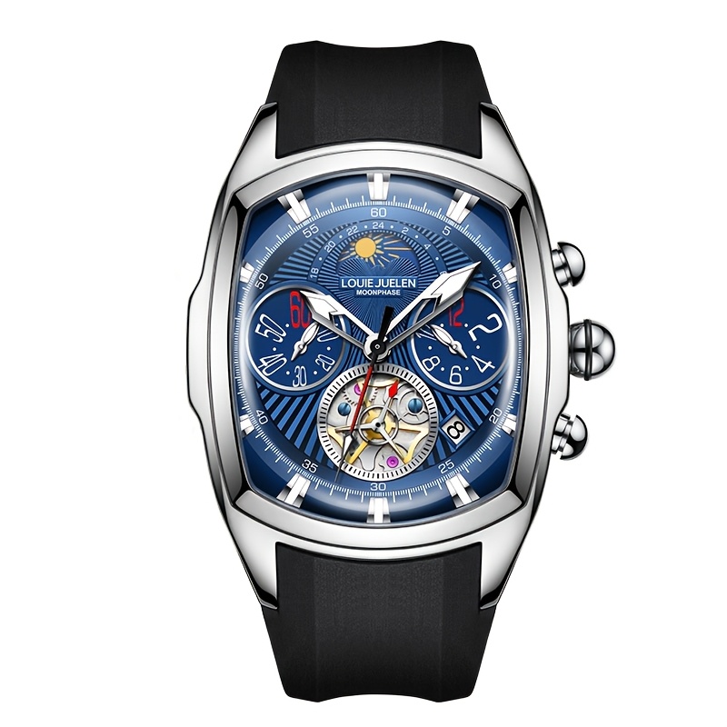 Louiejuelen Luxury Moon Phase Men's Mechanical Watch Business Casual Stainless Steel Strap Gift Valentine's Day Father's Day Anniversary Gift, Without Battery