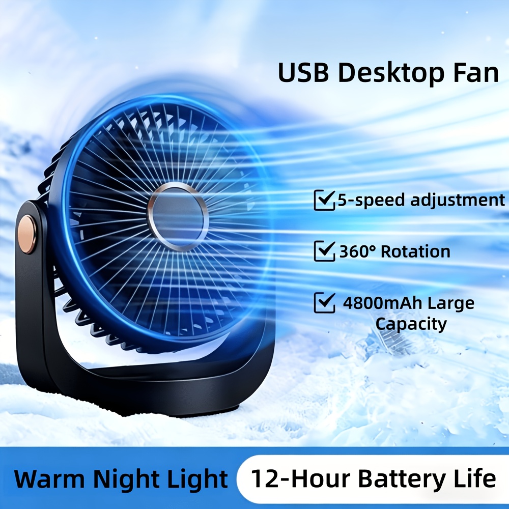 TEMU A Portable Desktop Fan With A 4800mah/usb Rechargeable Battery, 5-speed Adjustable Fan, Hung Or Stood, Lightweight And Portable For Cooling