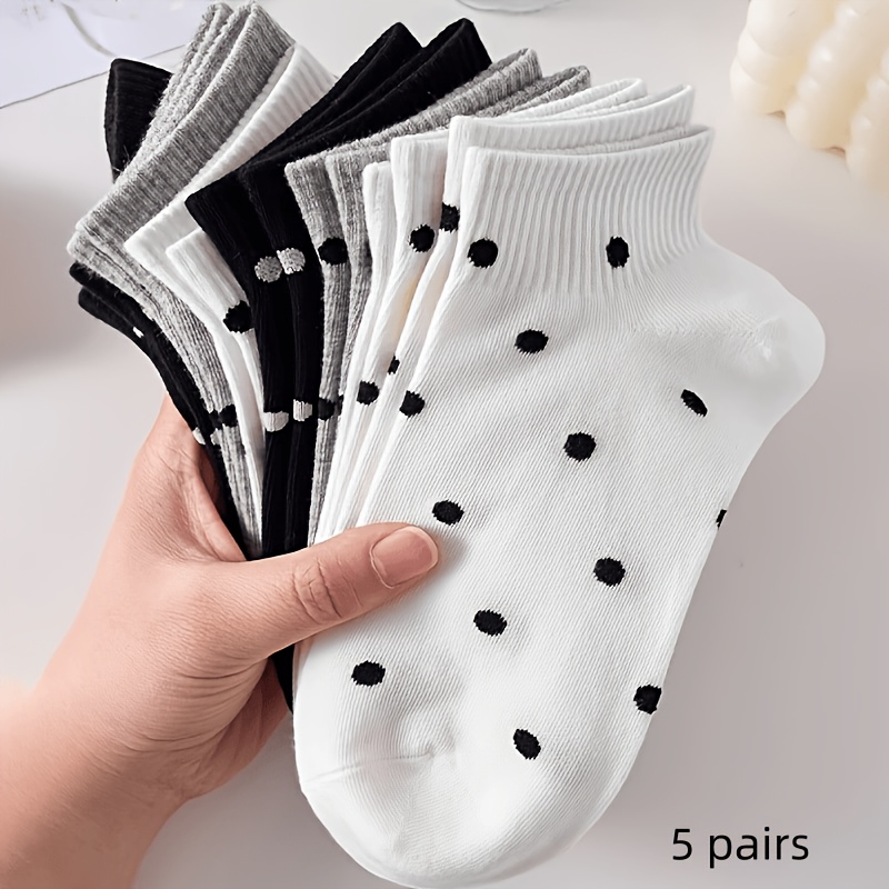 5-pair Assorted Pack - Women's Casual Socks, Breathable And Comfortable Black, White, And Gray Polka Dot Ankle Socks, Sweet And Versatile Socks