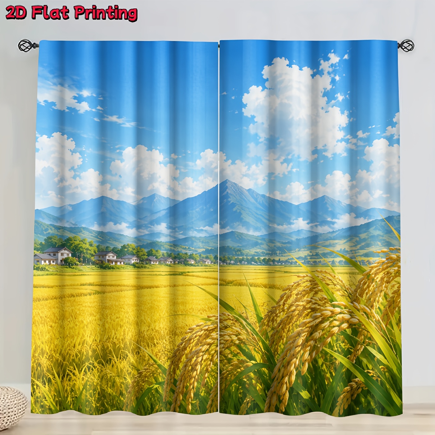 artikel foto 2d plat - 2d plat - [product] 2 stuks 2d plat gedrukte gouden rijstveld berglandschap gordijnen, zacht licht, privacy bescherming, pocket rod   installatie geschikt voor woonkamer, keuken, slaapkamer, studeerkamer, balkon, hotel, restaurant
