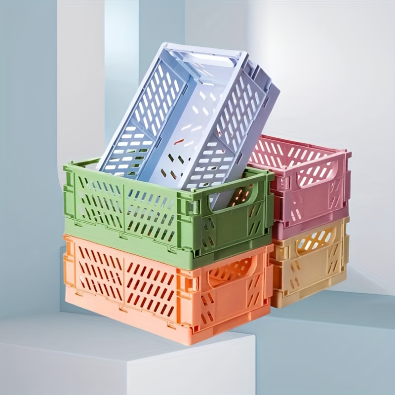 Image of Set Of 5 Collapsible Plastic Storage Baskets With Handles- Stackable Organizers For Desks, Offices, Bedrooms- Versatile And Durable- 9. 8" X 6. 5" X 3. 8"