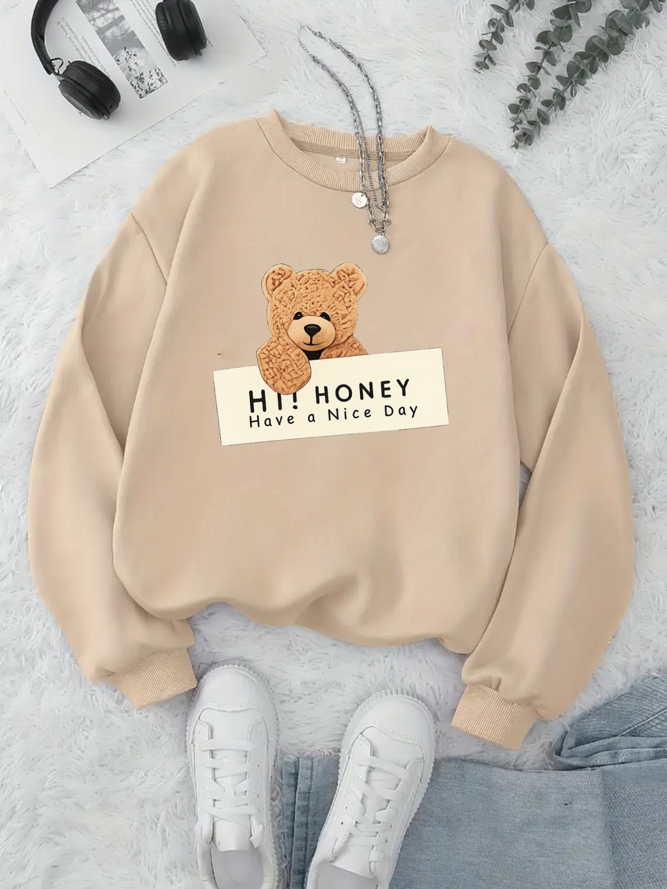 womens beige crewneck sweatshirt cute teddy   graphic pullover soft everyday sweater for fall winter machine washable cozy sweater for women casual outfits gifts cute sweaters fall winter apparel   design   seasonal clothing   durable material long sleeve     Product details 0