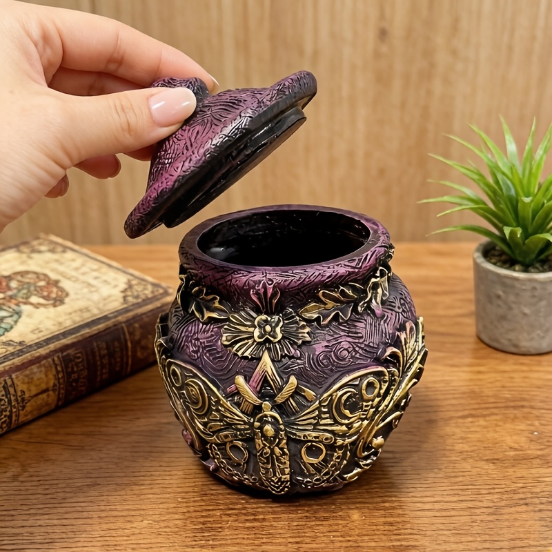 Image of 1pc Resin Purple Old Gothic Vase Statue, Witch Bottle Decoration Ornament, Painting Totem Decoration Jar Living Room Office Office Decoration And Gift, For Halloween