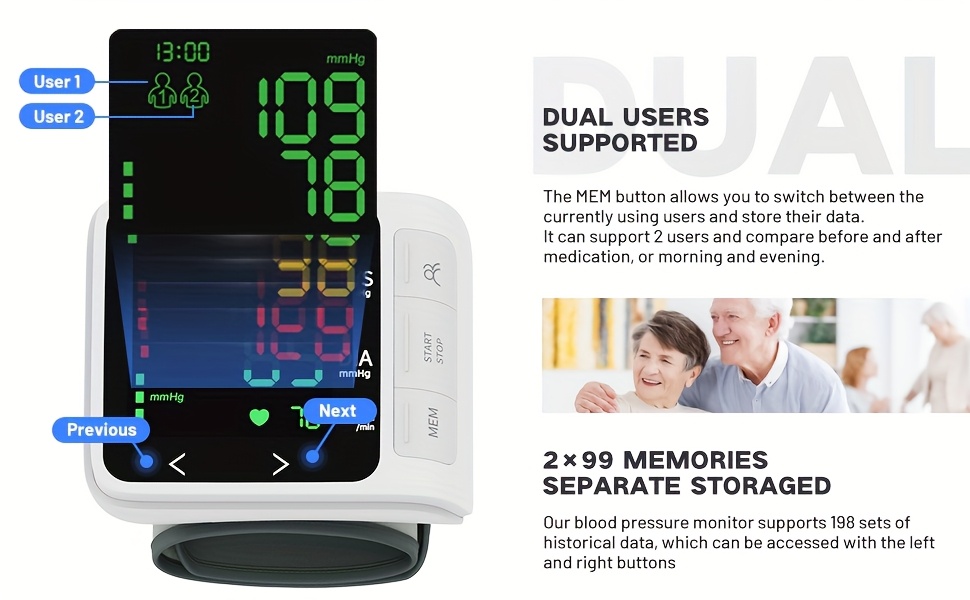 blood pressure monitor wrist for home use 2x99 memory adjustable cuff digital automatic cuff blood pressure machine large screen backlight display with storage bag Product details 1