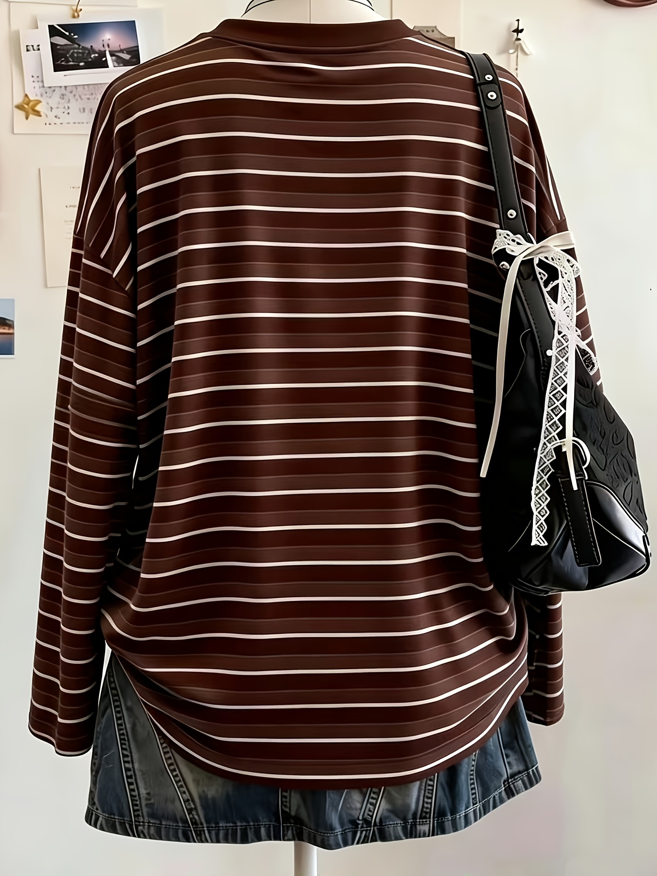 t-shirt à rayures pour femmes, imprimé numérique intégral, col rond, manches longues, style  , col rond, vêtement de sport, mode, versatile, élastique,   taille