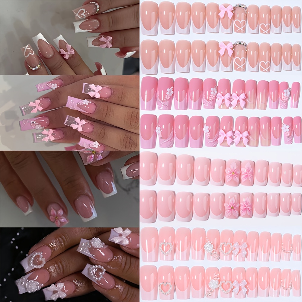 TEMU 96pcs Pink Series Coffin Press On Nails Kit, 4 Styles Line, 3d Flower, Bow & Heart Rhinestone Decor, False Nails With Storage Box, Sweet For Diy