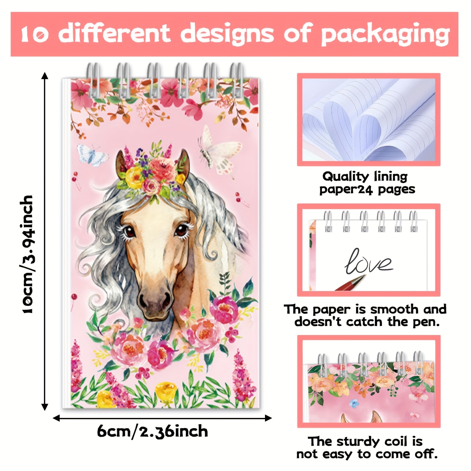 Image of 10pcs Mini Spiral Notebooks With - Cute Horse-themed Blank Notebooks For, Office, And Cowboy Birthday Parties, Vintage Style, No Feathers