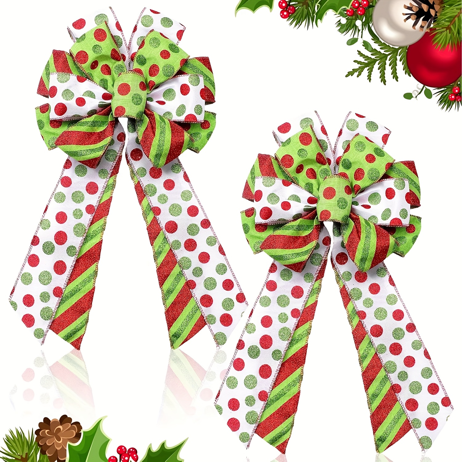 TEMU 2 Pcs Red Green Christmas Wreath Bows Inch Large Christmas Tree Topper Bow Xmas Tree Glitter Dot Bows Ribbons Ornaments For Xmas Outdoor Home