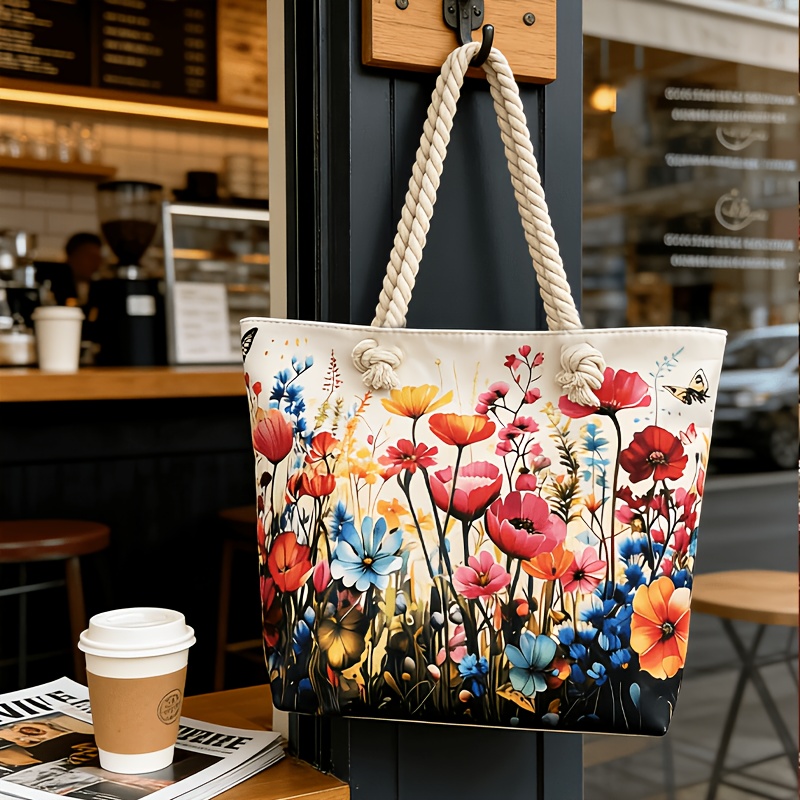 Image of Women' French Vintage Tote Bag Large Capacity Suitable For Commuting, Beach & Travel - Jute Rope Handle Bag With Zipper Closure, Pastoral European Style, Machine Washable, (///) For Daily