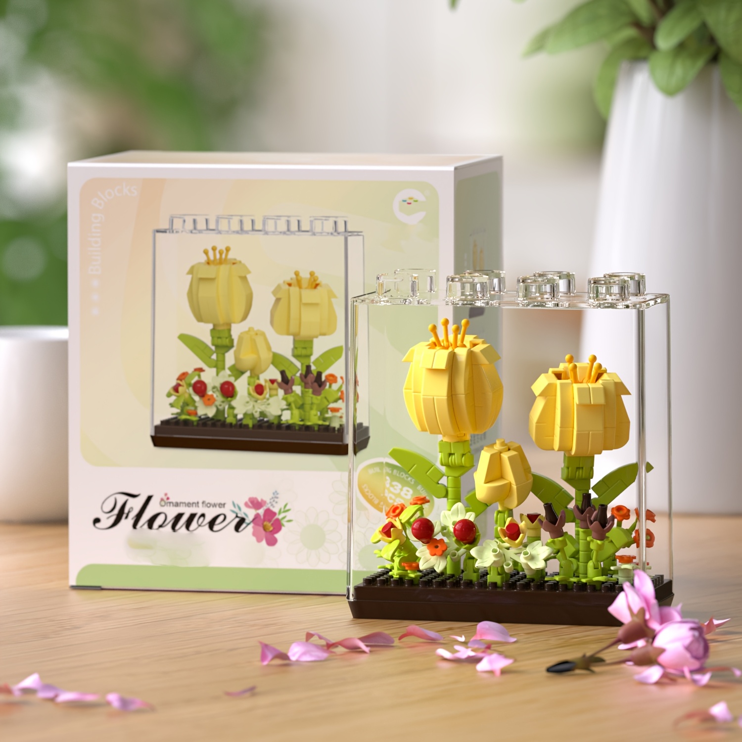Stackable Dustproof Box with Floral Rose Micro Particle Building Blocks