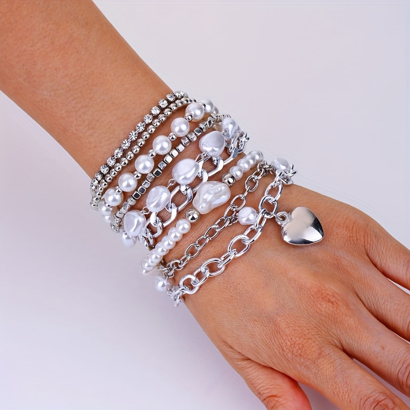 TEMU 9pcs/set Bracelets For Women, Love Heart Pendant Artificial Pearl Alloy Bracelets Set, Fashion Temperament Beaded Bracelets, Hand Accessories