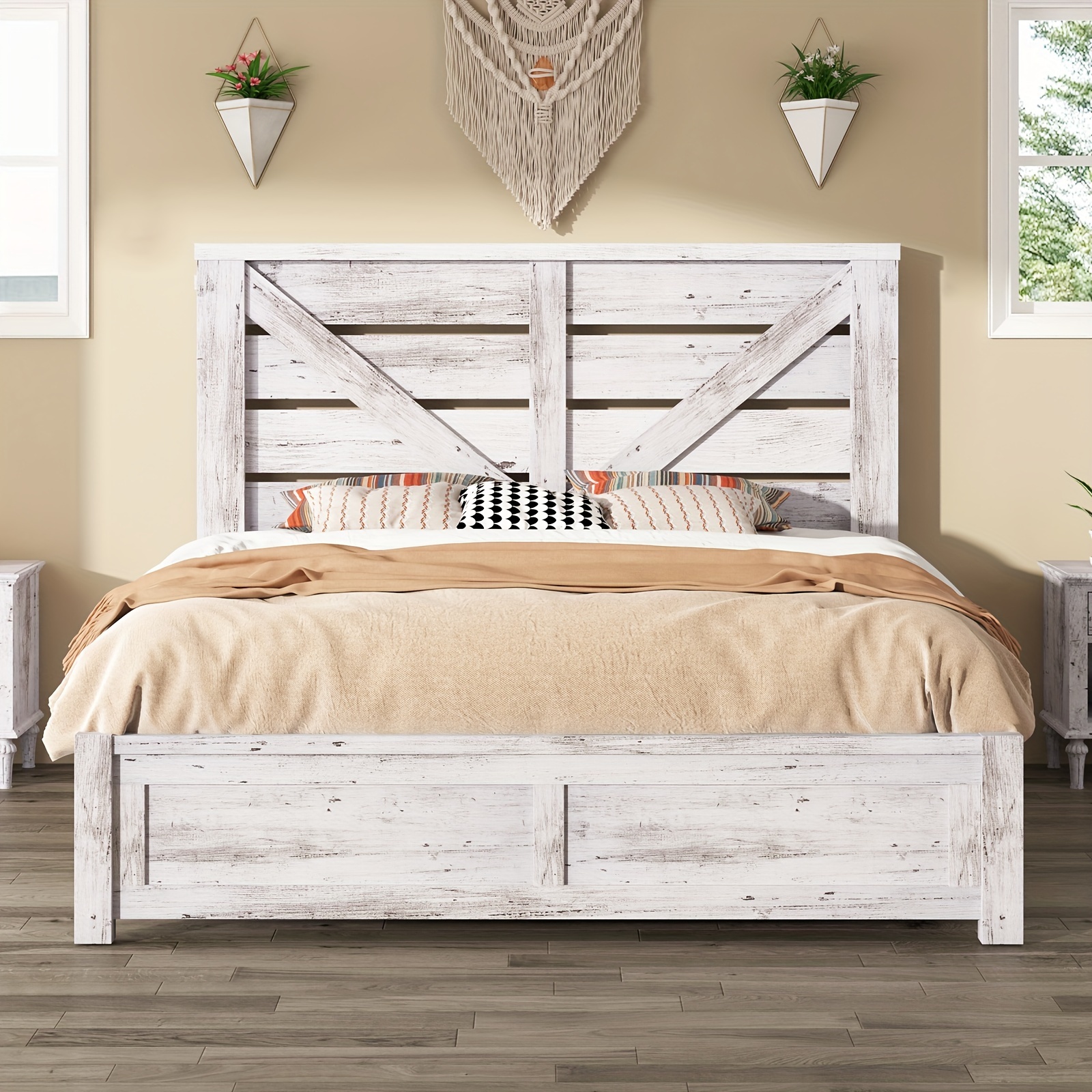 TEMU Queen Size Rustic Bed Frame With 49.2" Sliding Barn Door Headboard, Platform Bed With Wood Slats, Underbed Storage, Easy Assembly, Noise-free Design, Distressed White