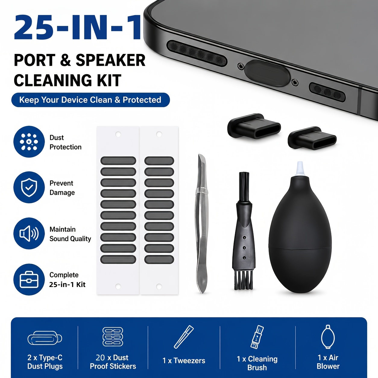 TEMU 25pcs Type- Phone Cleaning And Maintenance Kit Suitable For Mobile Phone Dust Plug With Type-c Interface Tablet Computer Cleaning Brush Mobile