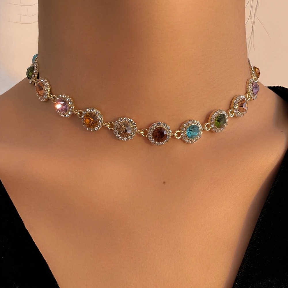 

Elegant Y2k-inspired Colorful Gemstone Choker Necklace - Zinc Alloy, Weddings & Parties, Necklace Set, Sparkling, Synthetic Gemstones, Bridal Wedding Decorations