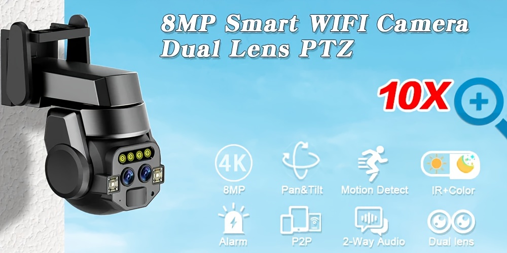 Cámara de seguridad PTZ inteligente de doble lente Jaxcam de 8MP con seguimiento automático por IA, zoom de 10X, visión nocturna a todo color, audio bidireccional, detección humana, WiFi, compresión H.265+, almacenamiento en la nube/tarjeta TF, alertas móviles, control remoto, vigilancia interior/exterior, montaje en techo/pared, compatible con la aplicación CareCamPro, cámara de seguridad para exteriores, cámara de seguridad moderna, grabación de alta resolución, CCTV tipo coreano para exteri