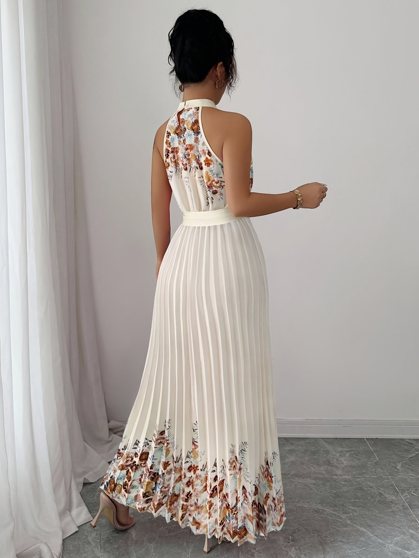 Fashionable New Women'S Summer Halter Floral Print Pleated Dress