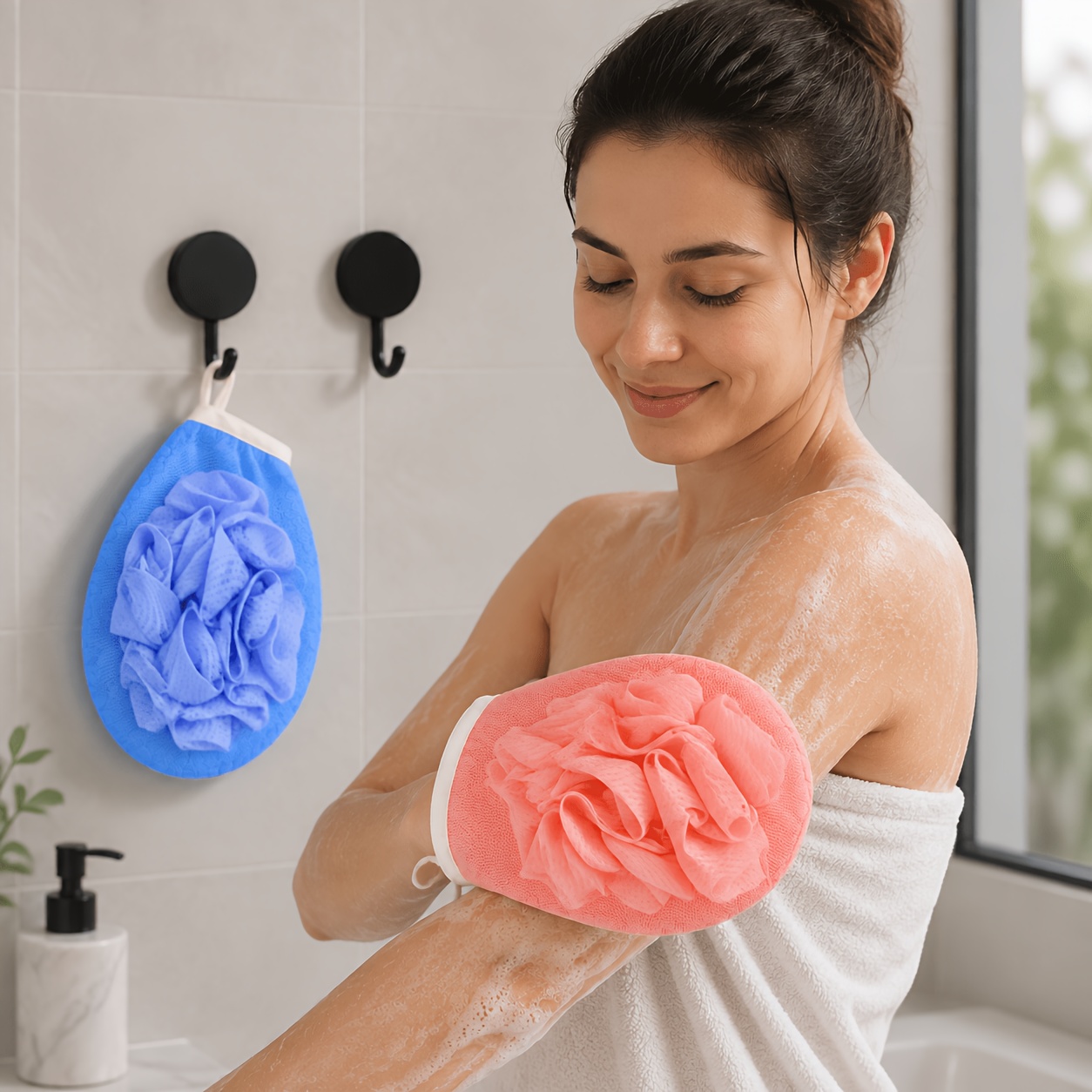TEMU 1pc Bath Flower Glove + 1 Hook Combo Set, , Pink For Women, Double-sided Exfoliating Foaming Practical Bathroom Set, Size 19*13cm