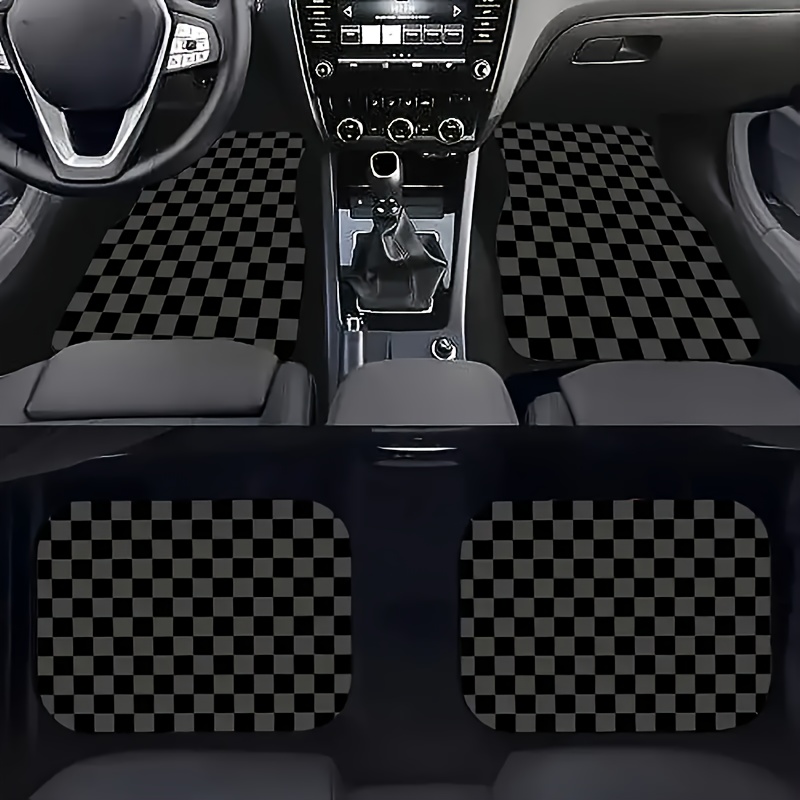 

4pcs Universal Floor Mats - Black & Gray Checkered Pattern, Polyester Fiber, Absorbent & Non-slip, Washable, Suv Mats