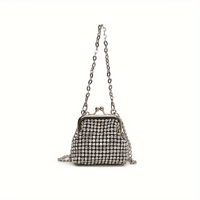 TEMU Trendy Rhinestone Lock Crossbody Bag , , , Fashion Evening Shoulder Purse With Detachable Metal Strap, For Parties And