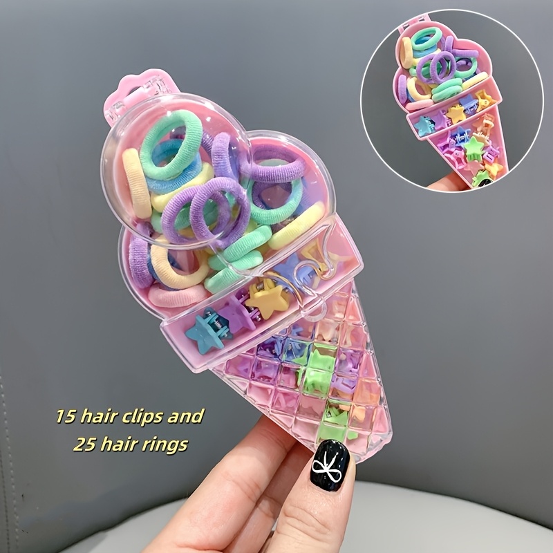 TEMU 40pcs/set Ice Cream Box Mini Hair Ties And Clips Set, Cute , Hair Accessories For Women