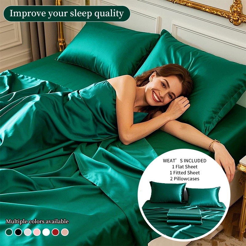 4pcs Comfort Satin Sheet Set - All-Season Versatile Non-Shrink, Ball-Free Machine Washable Luxury Fitted Sheets Soft and Smooth Bedding for Bedroom and Guest Room 1 * Flat Sheet + 1 * Fitted Sheet + 2 * Pillowcases