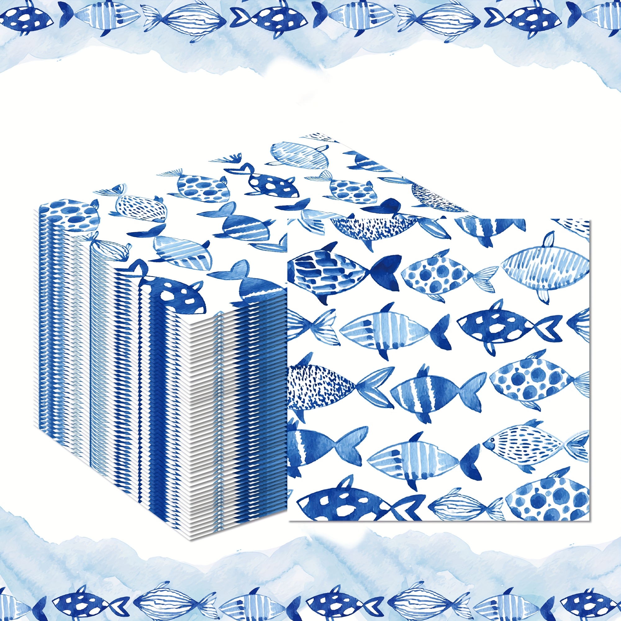 TEMU 20pcs Pack Blue Fish-themed Disposable Napkins Suitable For Weddings, Showers, Birthdays - Elegant Fish With , 2-ply Paper Dinner & Beverage