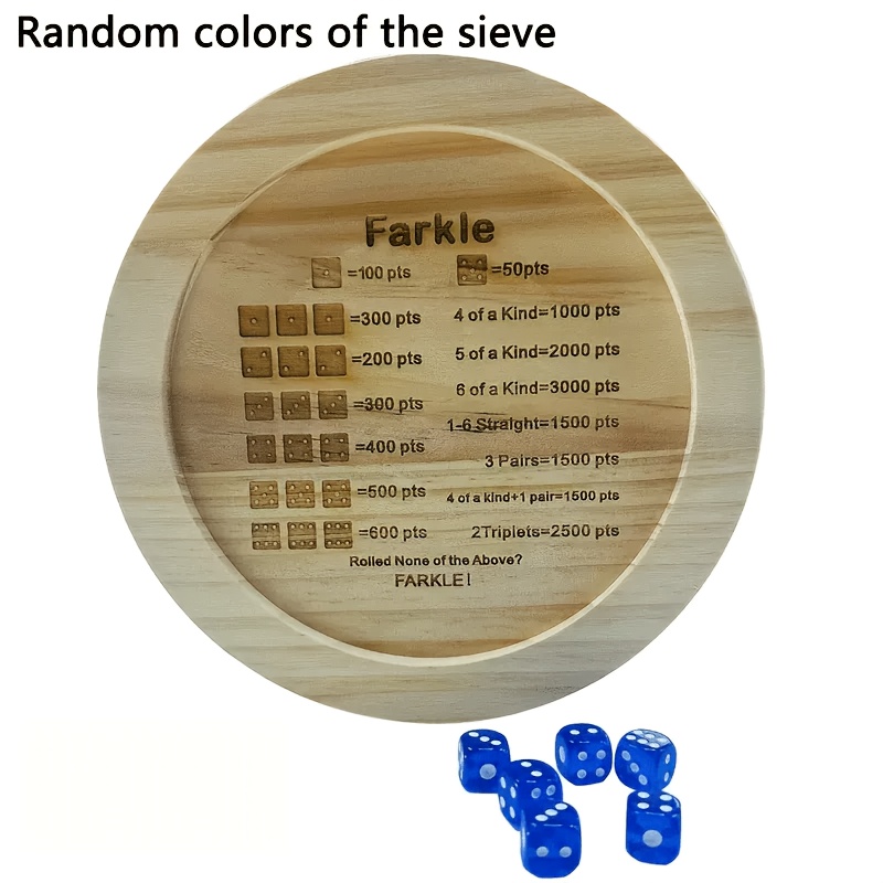 TEMU 1 Set Farkle Dice Tray, Made Of Wood With Colored Dice. Perfect For Playing The Classic Farkle Dice Game. Includes A Round Dice Tray And 6 Dice,
