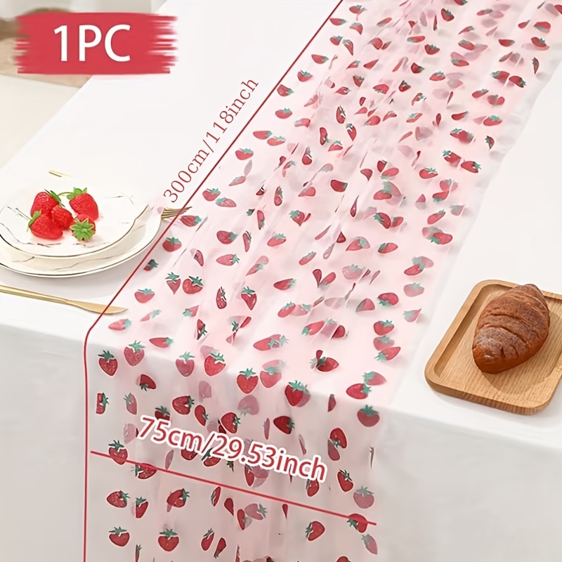 E-shop Transparenter Tischläufer mit Erdbeer-Druck rosa Tüll – Erdbeer-Tischdecke geeignet für Hochzeit, Babyparty & Küchendekor, transparenter Stoff
