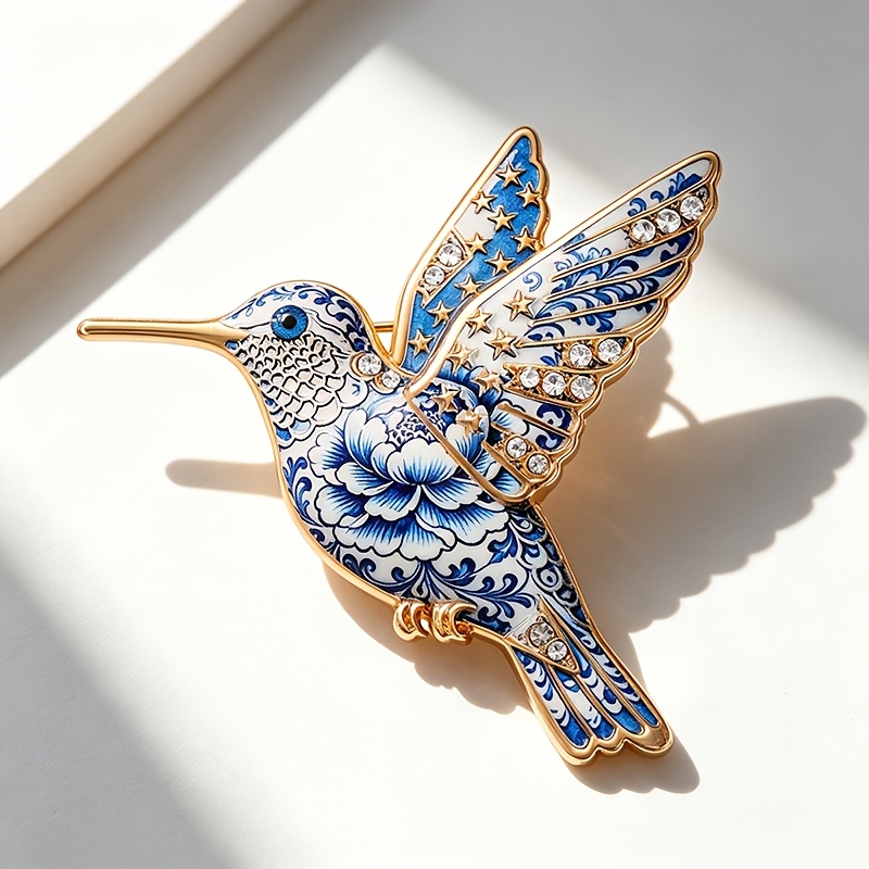 TEMU 1 broche en émail en porcelaine avec bordure dorée incrustée de strass, style rétro de luxe léger, convient aux costumes, coupe-vent, qipaos,