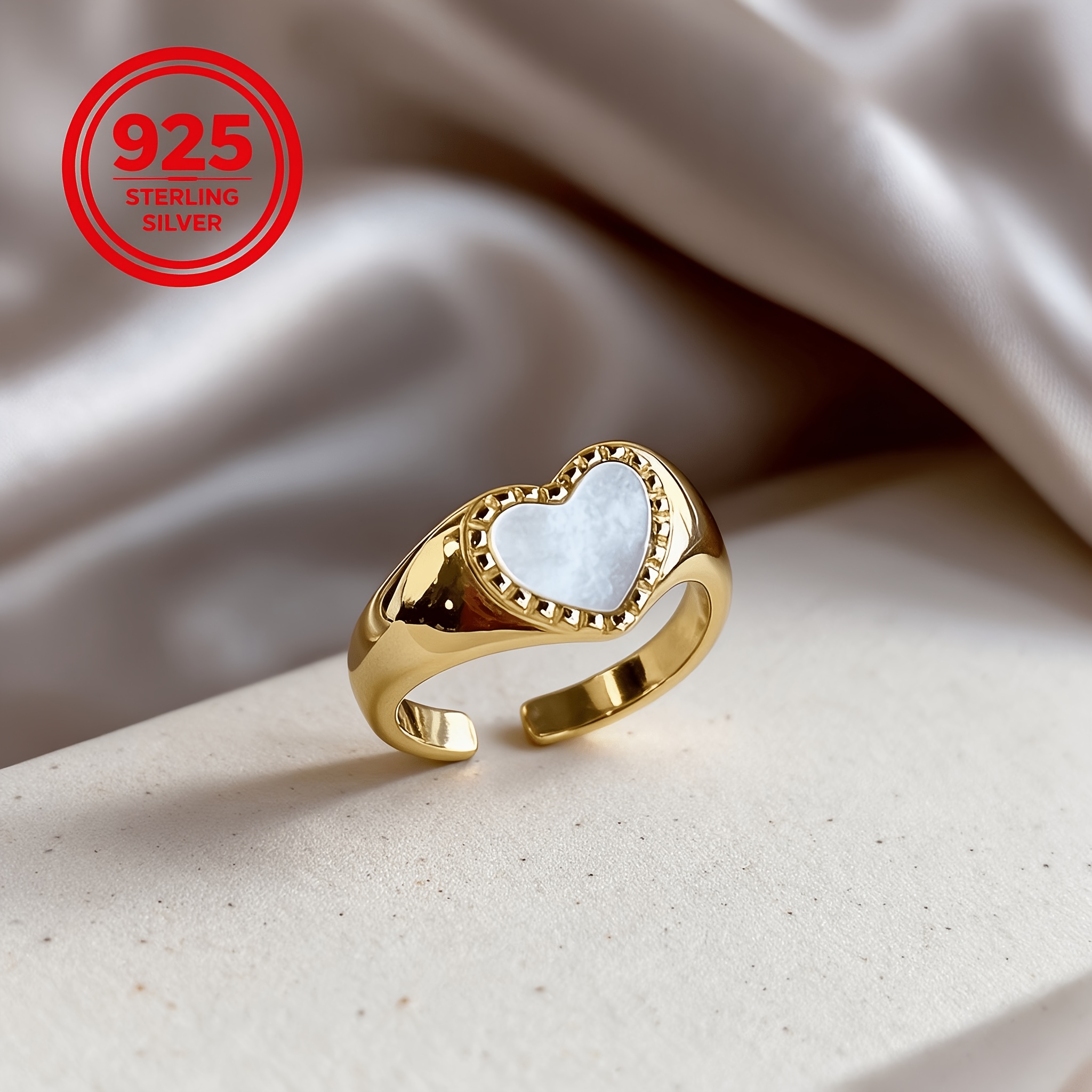 925 Silver Adjustable Heart-Shaped Shell Ring, Luxury Gift