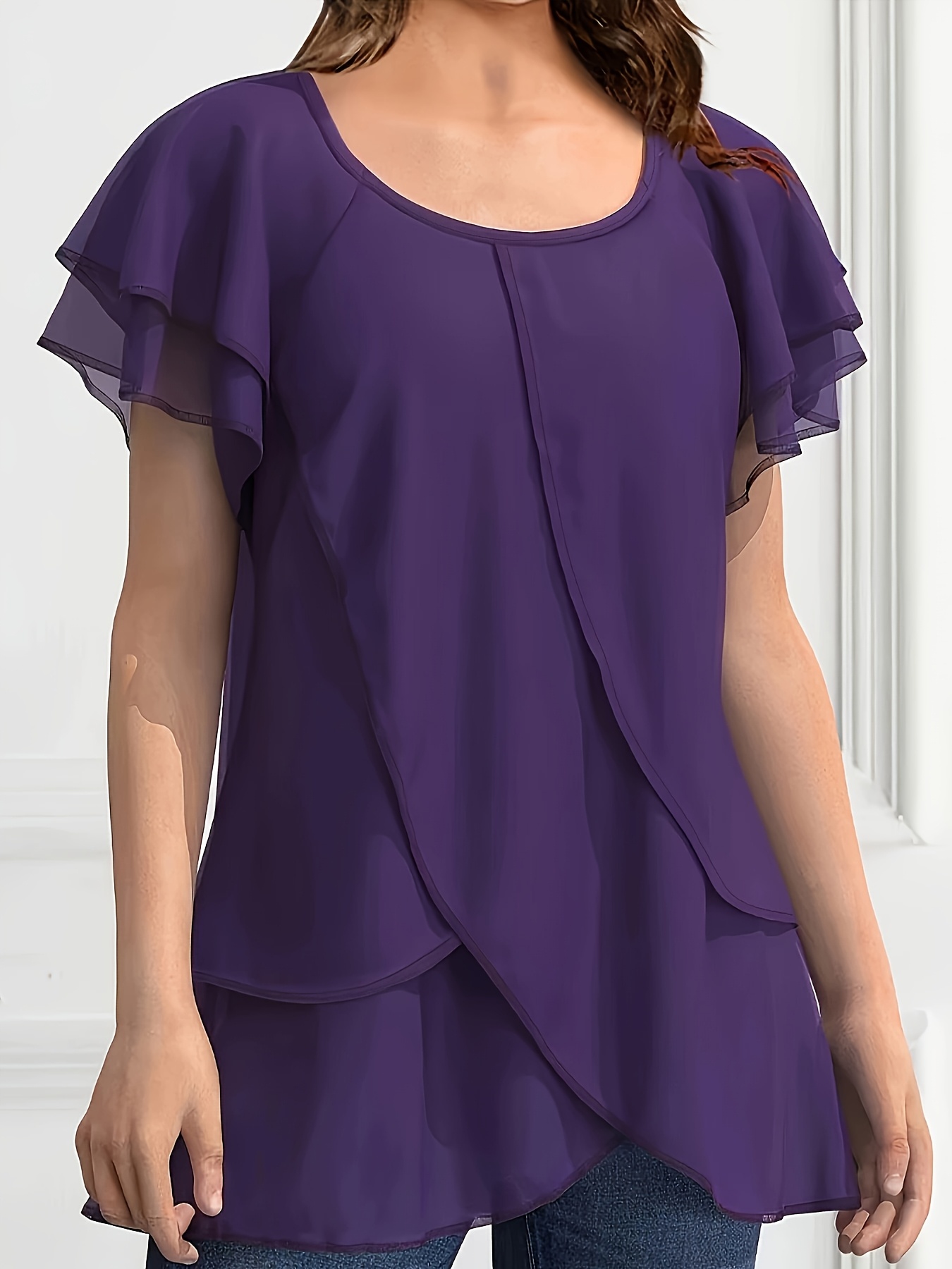 Plus Size Plus Size Womens Solid Color Chiffon Ruffle Sleeve