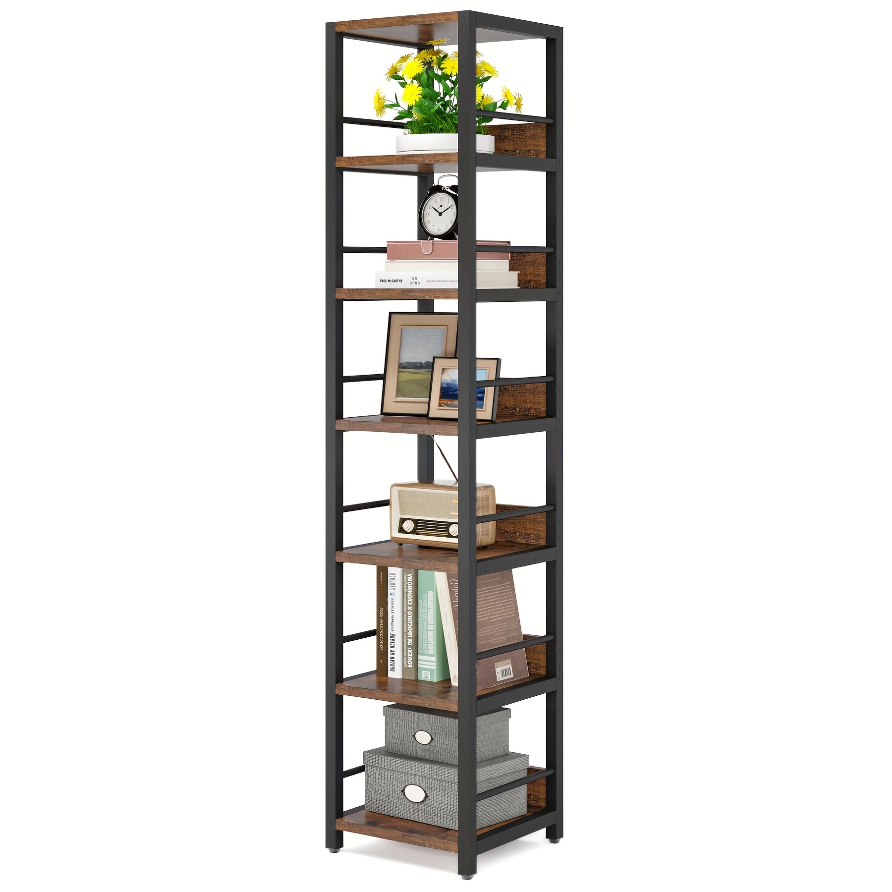 

6-tier Corner Shelf, Narrow Bookshelf Storage Shelf, Back Panel With Small Half-tier, -resistant Legs, E1 Particleboard + Metal Frame, Multifunctional Shelf, Open Storage, (brown)