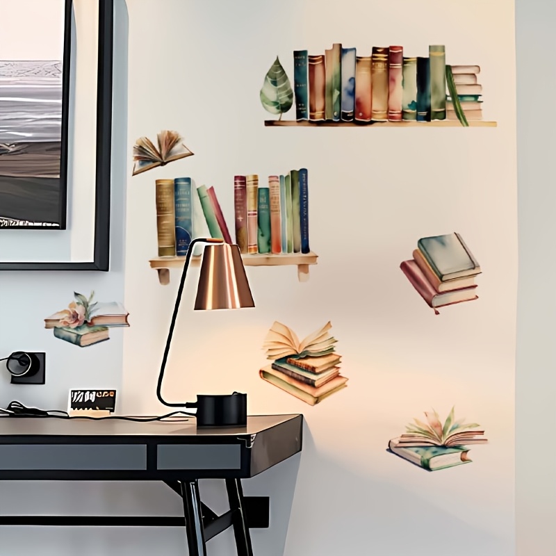 Image of Realistic Bookshelf Wall Sticker, Suitable For Hotels, Homestays, Offices, Bedrooms, Living Rooms, Dining Rooms, Studies, And Libraries. Removable Pvc Wall Sticker