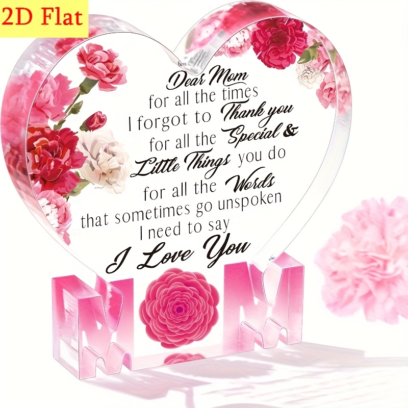 TEMU 2d Flat, Acrylic Heart-shaped Figurine With Carnation Design - Collectible Decorative Plaque For Mom - Decorative Sign & Plaque - No Electricity