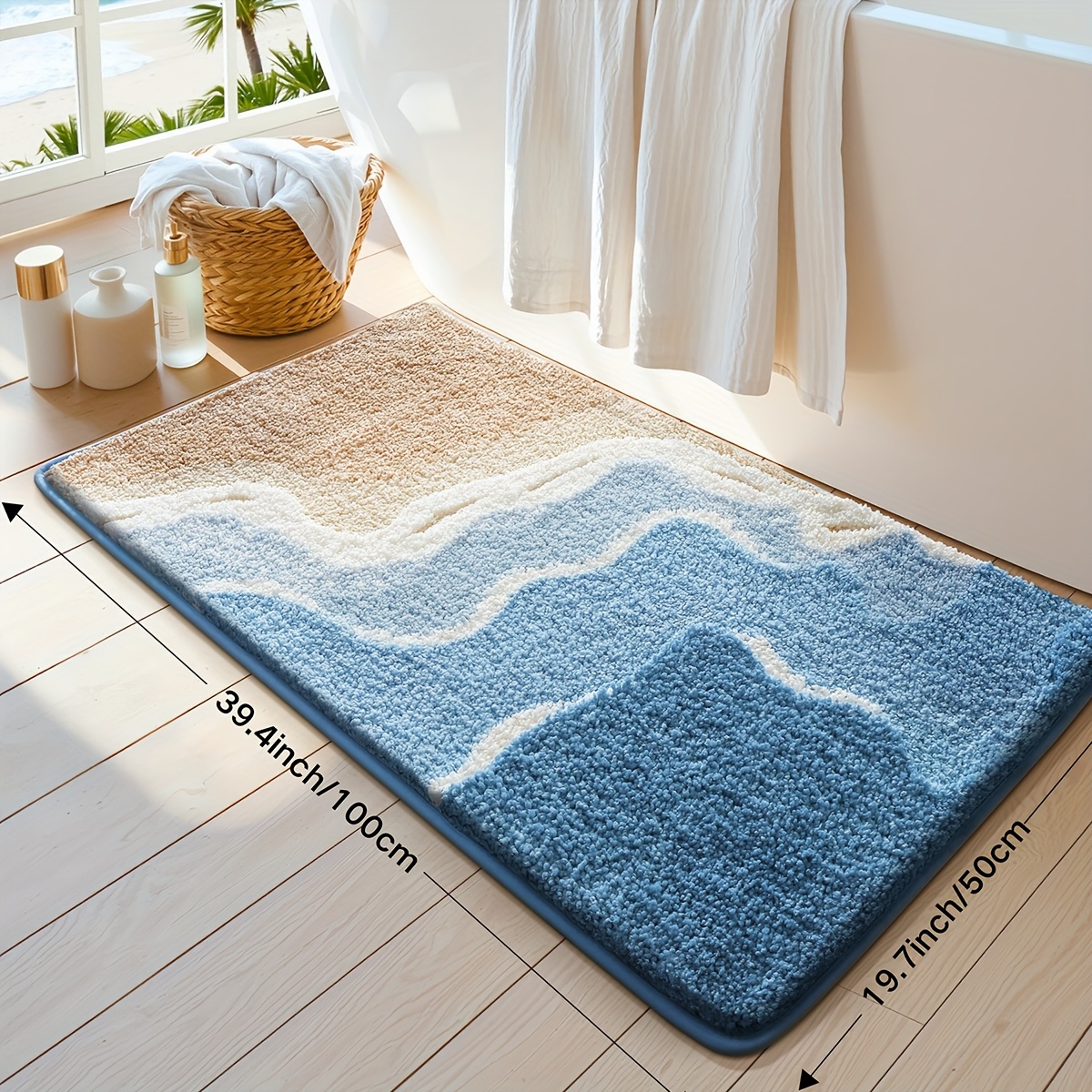 Image of 1pc Bathroom Rug Bath Mat, Bathroom Floor Mat With Beach Pattern, Absorbent Premium Bath Rug, Non-slip Comfortable Bath Mat For Bathroom Floor, Sink, Bathtub, Shower Room
