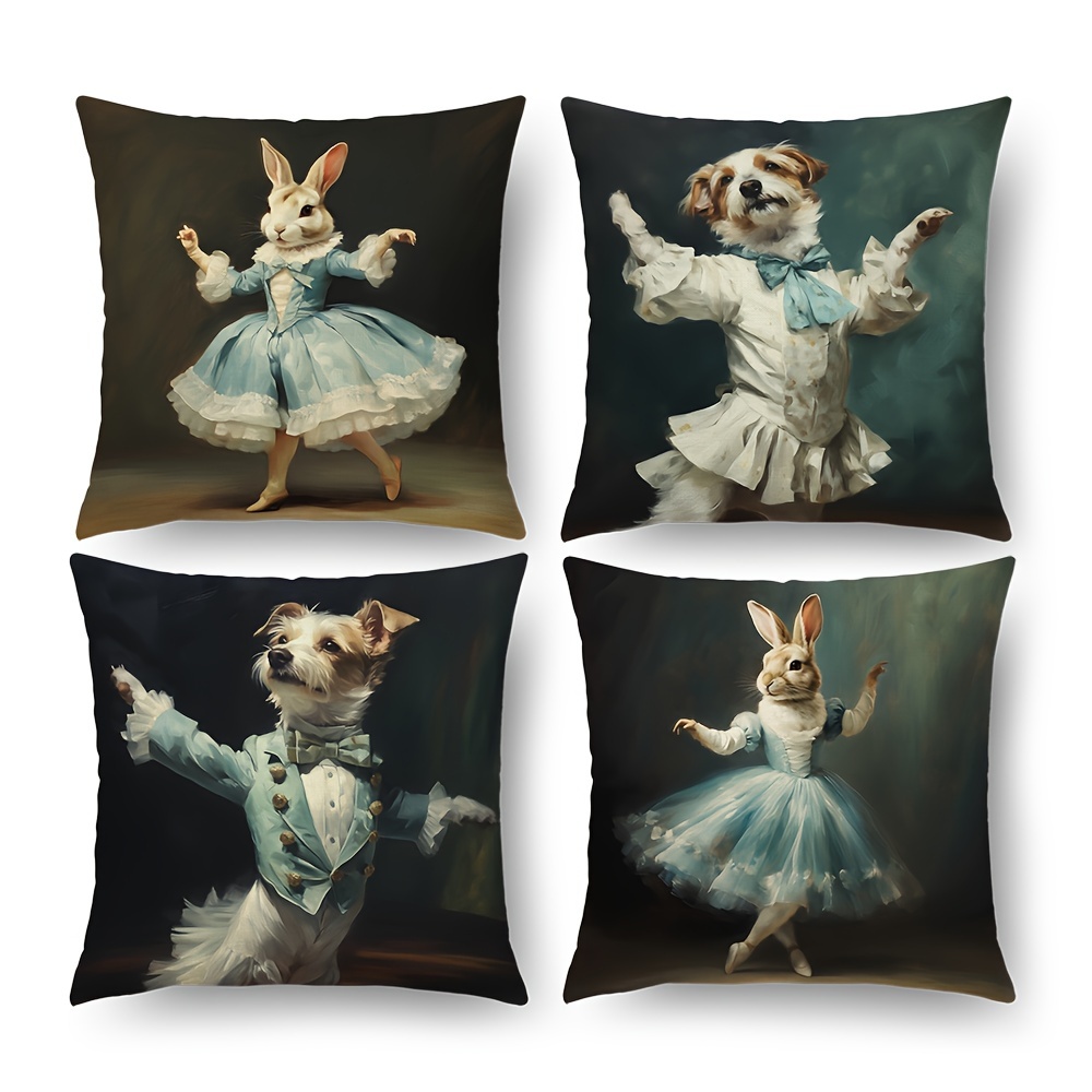 TEMU 4pcs/set, Novelty Animal Dancers Cushion Covers, 17.7 Inch Square, Whimsical Dog & Bunny Decorative Throw Pillowcases, Style, Home Decor, Party