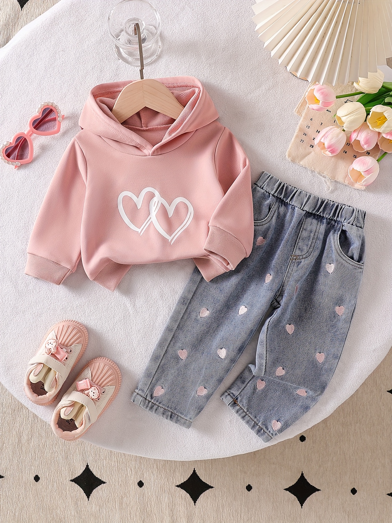 2pcs girls love set pink hooded sweatshirt with interlocking white hearts print light blue denim pants with   embroidery elastic waistband soft and     outdoor Product details 4
