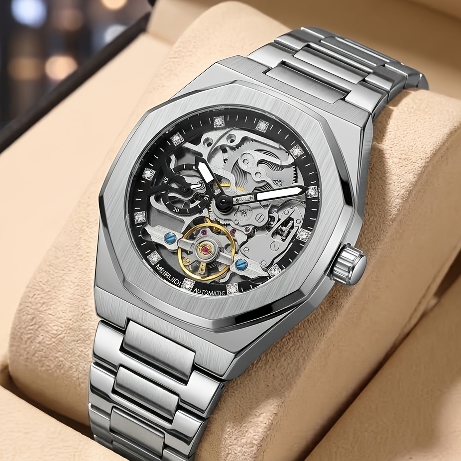 Image of 1pc Men's Silvery Black Steel Strip And Versatile Scale Fully Automatic Tourbillon Mechanical Watch