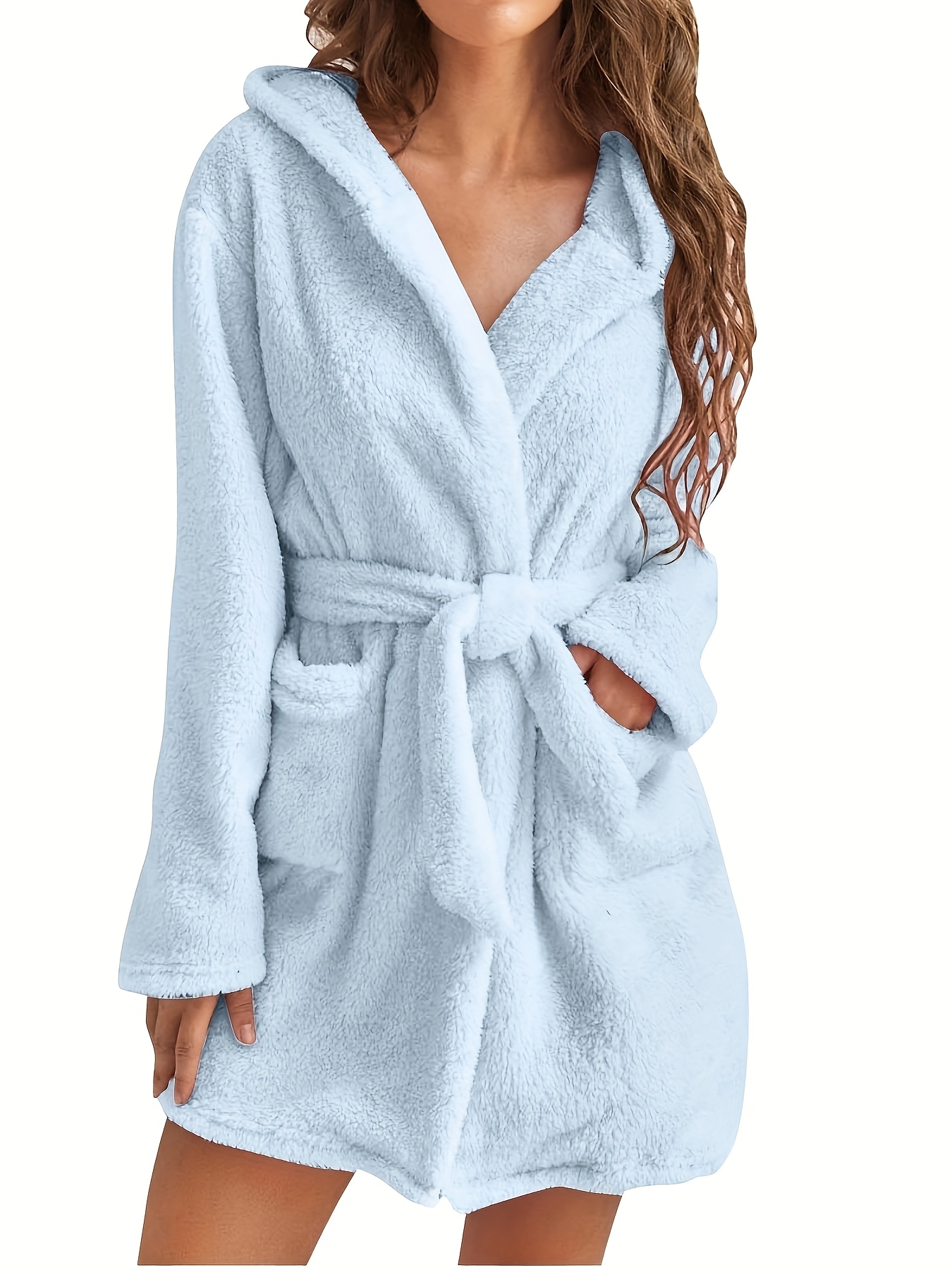 womens cozy fleece hooded bathrobe soft warm and loose fit with belt solid   blue   lounging at home or spa comfortable loungewear fluffy home robe plush fabric bathrobe for women