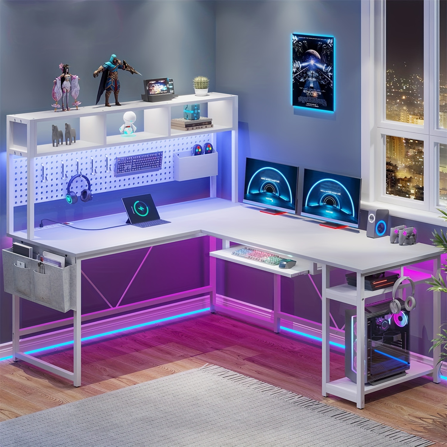 

Reversible Computer Desk With Led Lights & Charging Station, L-shaped Office Desk With Pegboard & Shelves, White