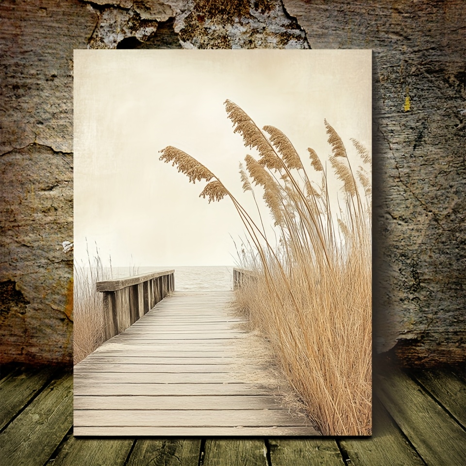 TEMU Impression sur Toile 2D 1pc Jetée de Plage Bohème, Cadre en Bois de Pin, Décoration Murale Paysage de pour Maison, Bureau, Cuisine - 11,8x15,7
