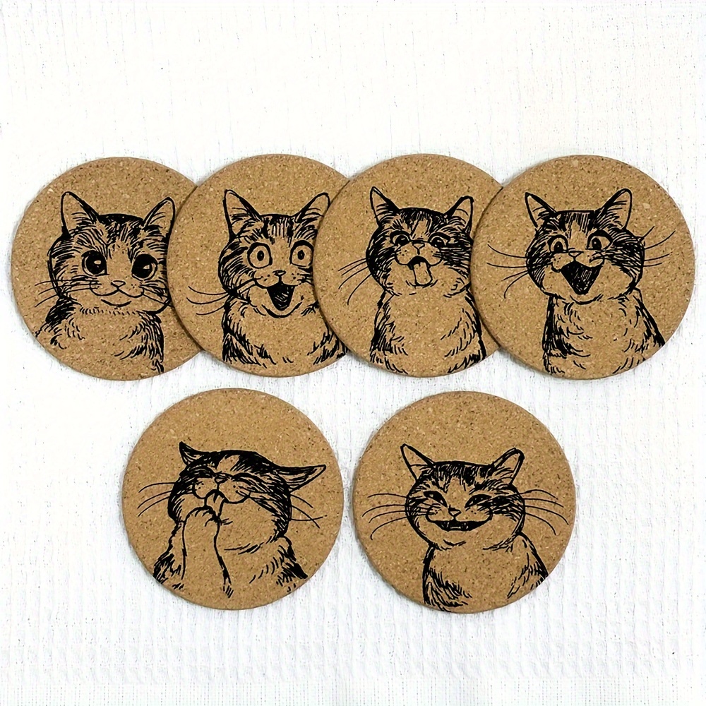 Image of Set Of Cork Coasters Featuring Engraved Designs Of Cat , Perfect For Tea And Coffee Mugs, Serving As Tableware And Home Decor
