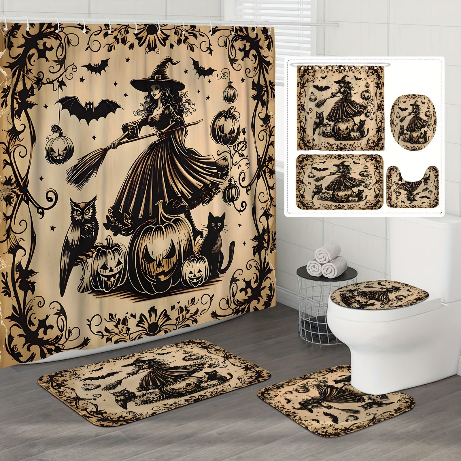 

Halloween Shower Curtain Set With Bath Mat, U-shape Toilet Mat And Lid Cover - Vintage Witch & Pumpkin Design, Water-resistant Polyester, Horror Themed Bathroom Decor With 12 Hooks, Machine Washable