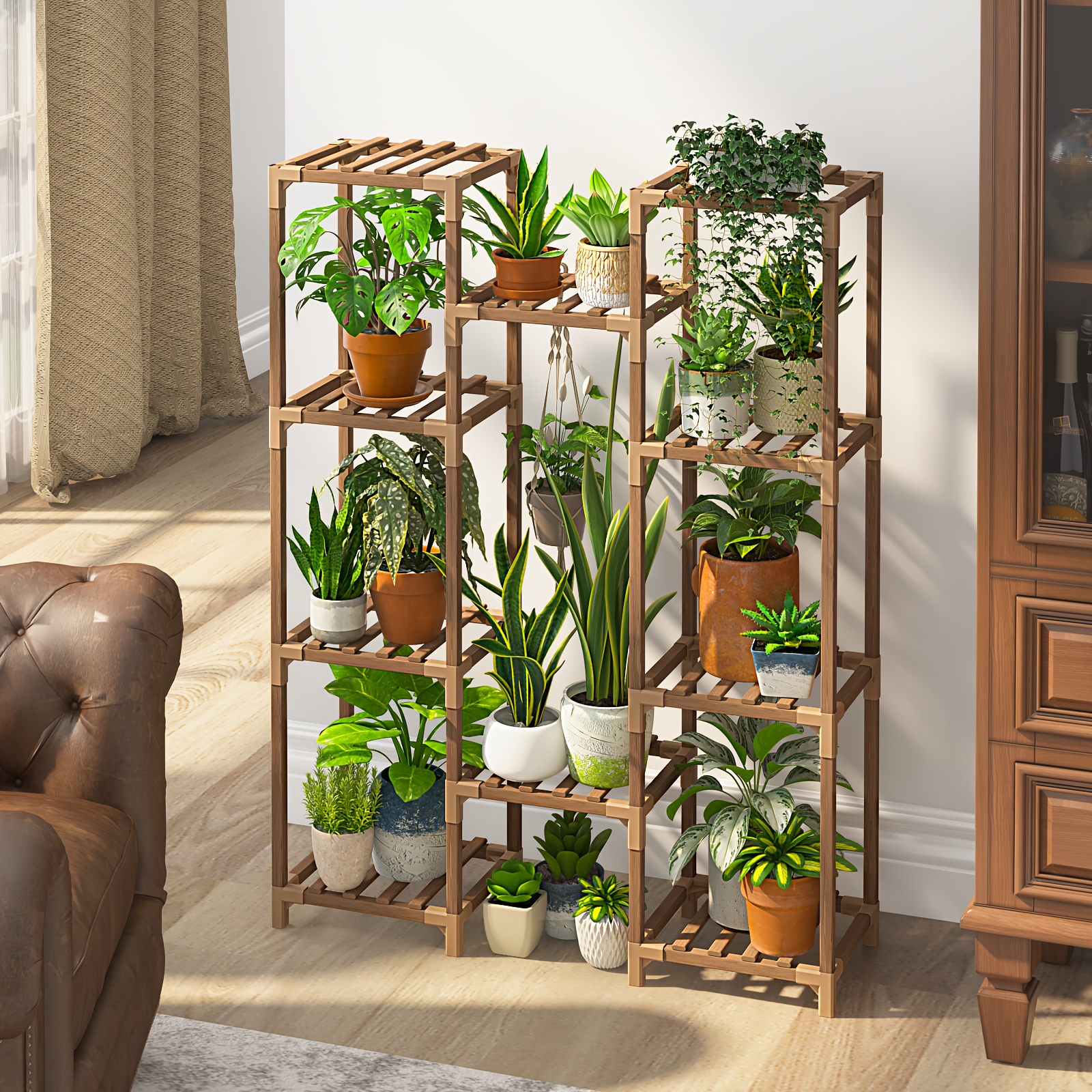 Image of Plant Stand Indoor Outdoor Hanging Plant Shelf For Multiple Plants Pots Wood Flower Stand Tall Large Flower Holder For Living Room, Patio, Balcony, Garden Decor, Brown