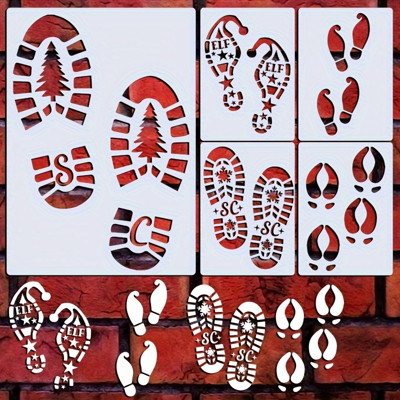 

Christmas Santa & Elf Footprint Stencil Set, 5-piece Creamy White Pet Reusable Templates For Diy Floor Decor, Holiday Craft Santa Boots And Snowflake Patterns